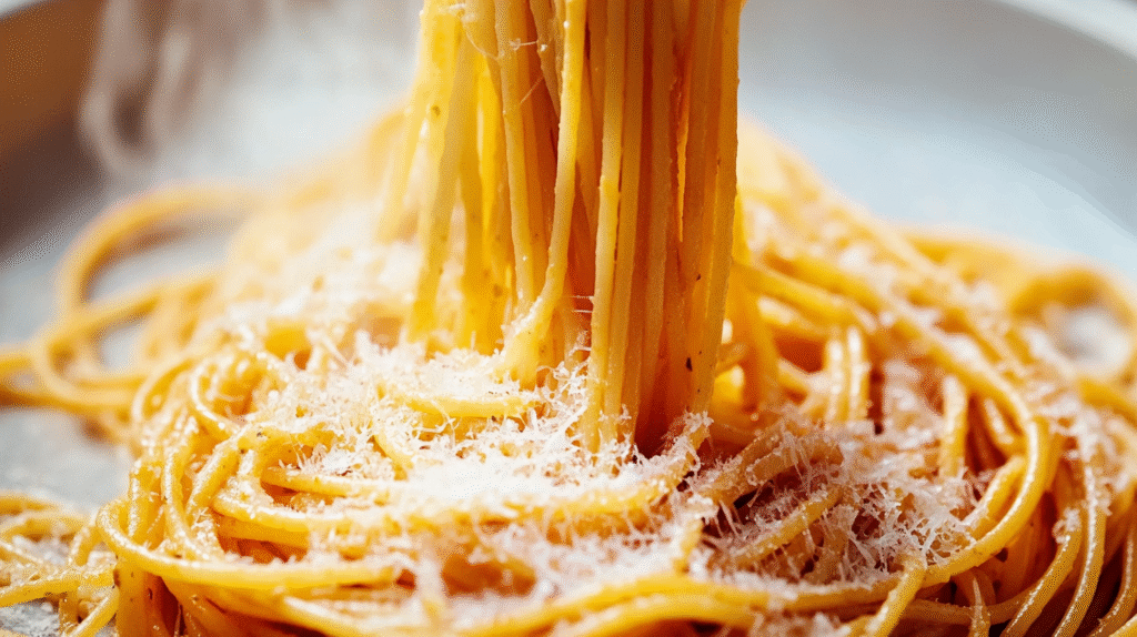 Fresh egg noodles with grated Parmesan cheese being lifted with a fork, perfect side dish for Amish Hamburger Steak Bake recipe.