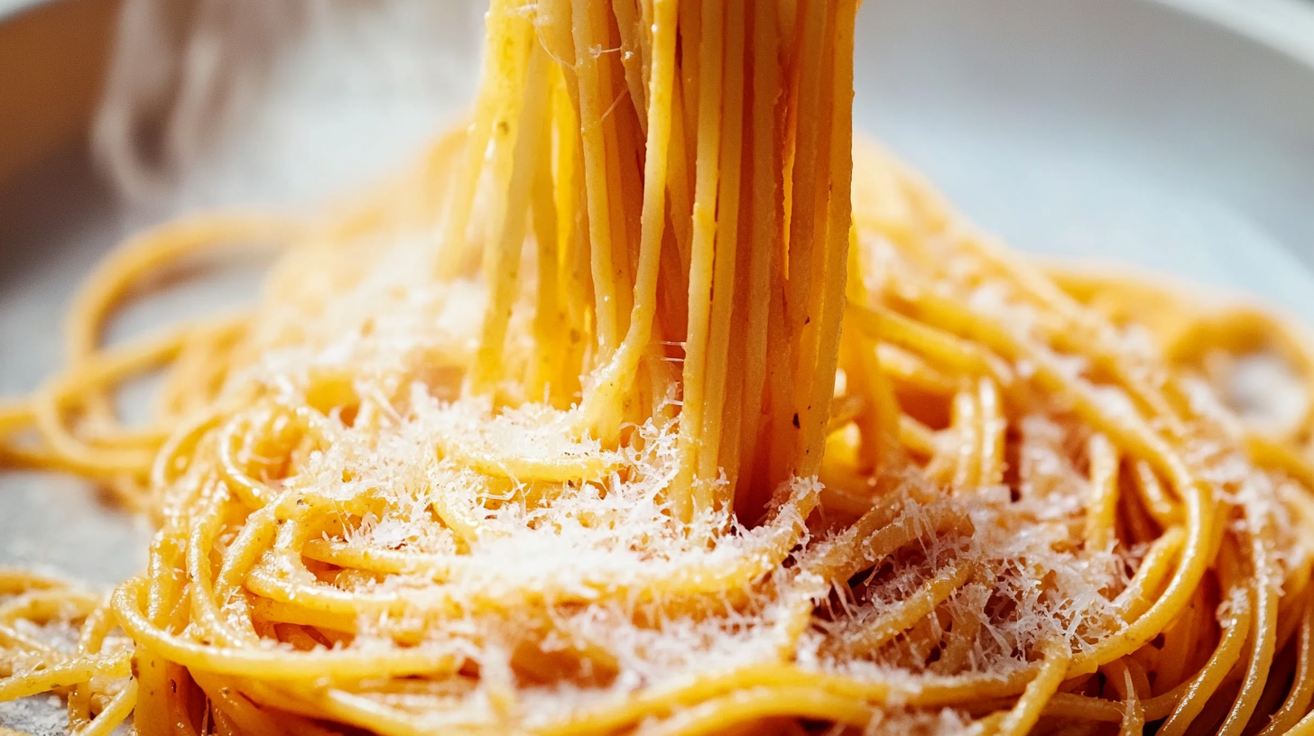 Fresh egg noodles with grated Parmesan cheese being lifted with a fork, perfect side dish for Amish Hamburger Steak Bake recipe.