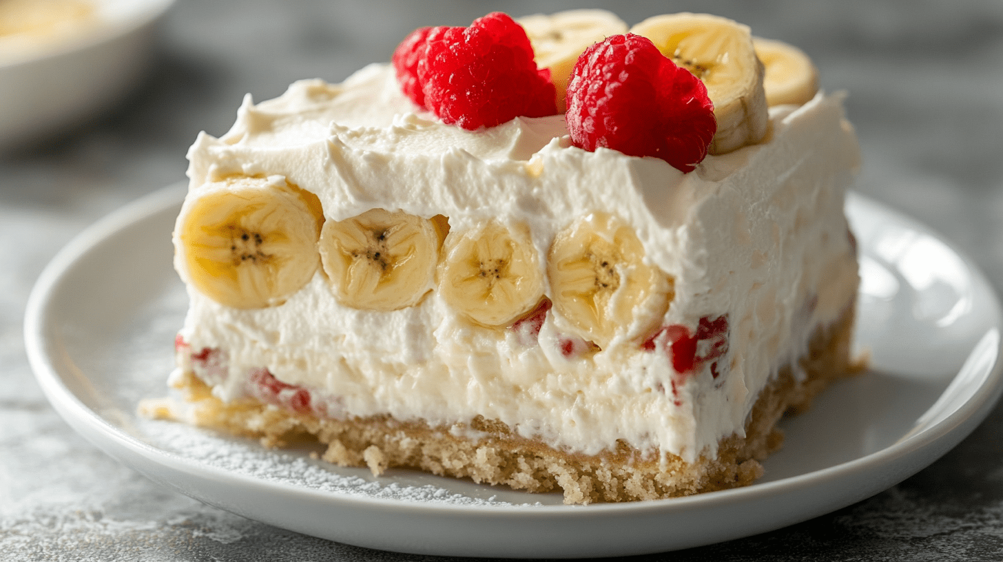 A slice of no-bake banana cream pie with layers of whipped cream, sliced bananas, and fresh raspberries on a white plate. The pie has a light-colored cookie crust base and is garnished with raspberries on top