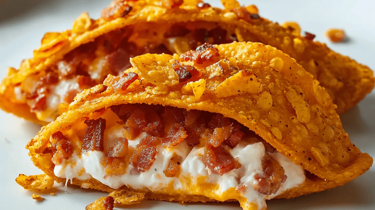 A close-up photo of a stuffed Dorito taco shell filled with cream cheese and crispy bacon, showing the layered filling and crunchy texture of the chip