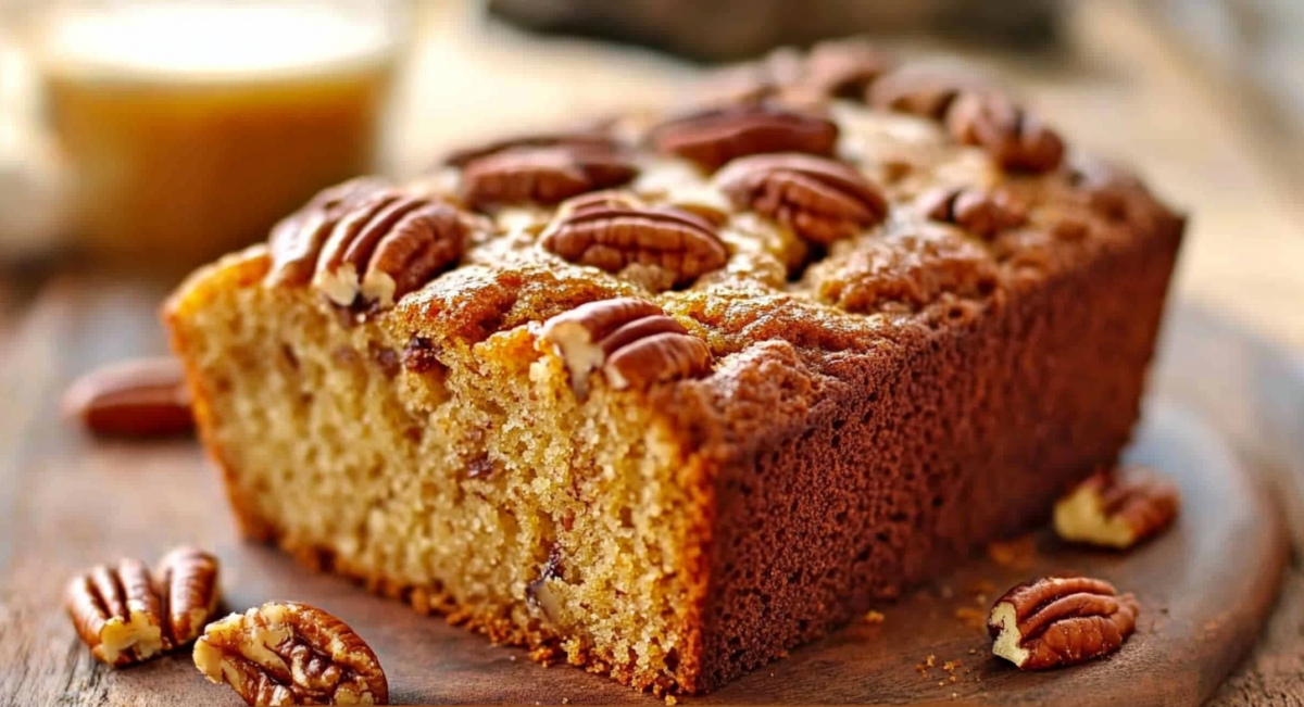Honey Butter Sweet Alabama Pecanbread with toasted pecans on wooden board