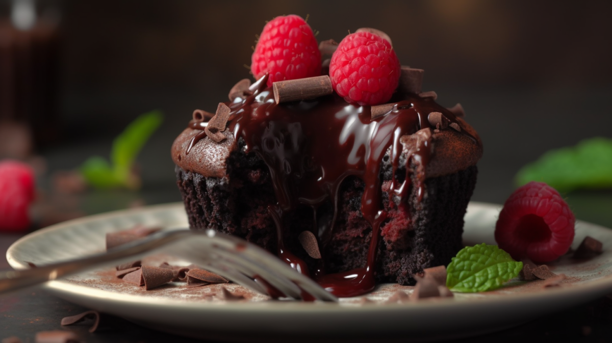 Chocolate raspberry lava cupcake with flowing molten center being cut with a fork