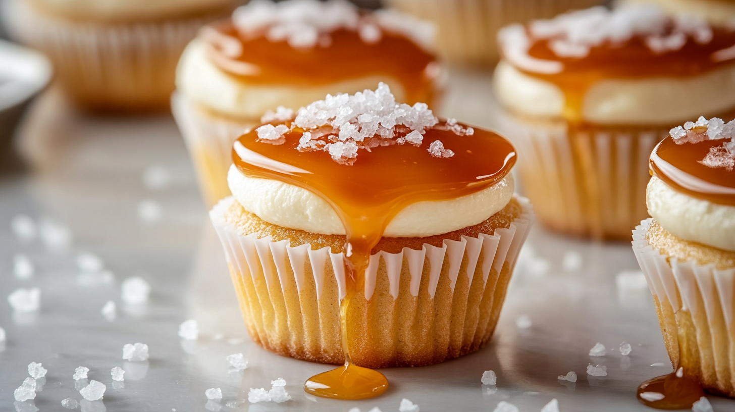 Salted caramel cheesecake cupcakes with dripping caramel sauce and flaky sea salt