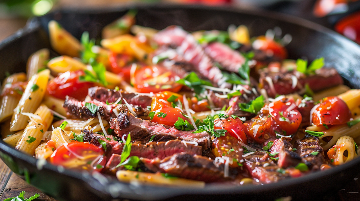 Homemade one pot zesty steak pasta with cherry tomatoes and fresh herbs in cast iron skillet