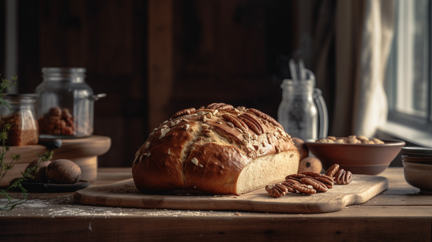 Homemade Buttermilk Sweet Alabama Pecan Bread with scattered pecans on rustic wooden board