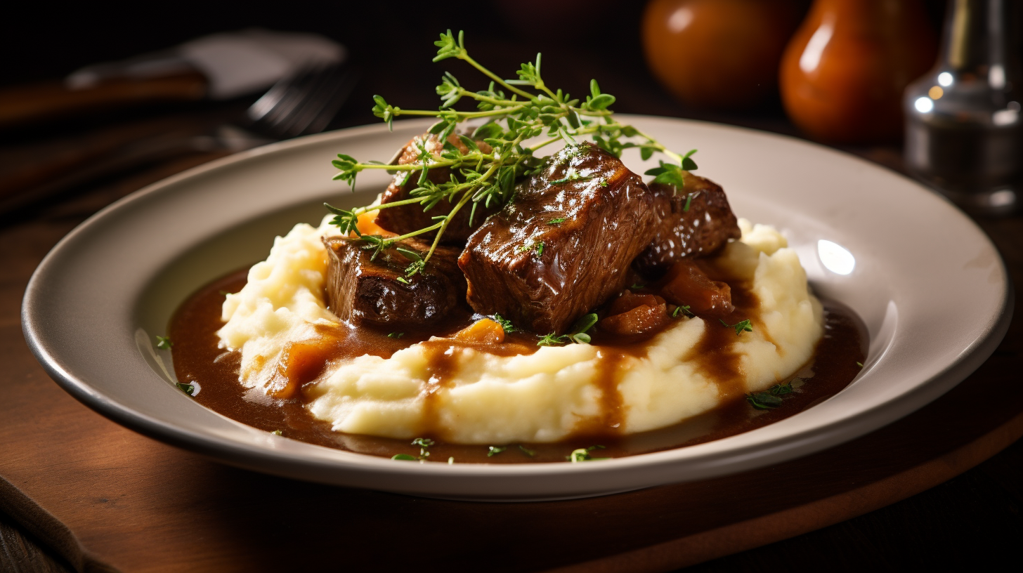 Tender braised beef in rich sauce with creamy homemade potato puree