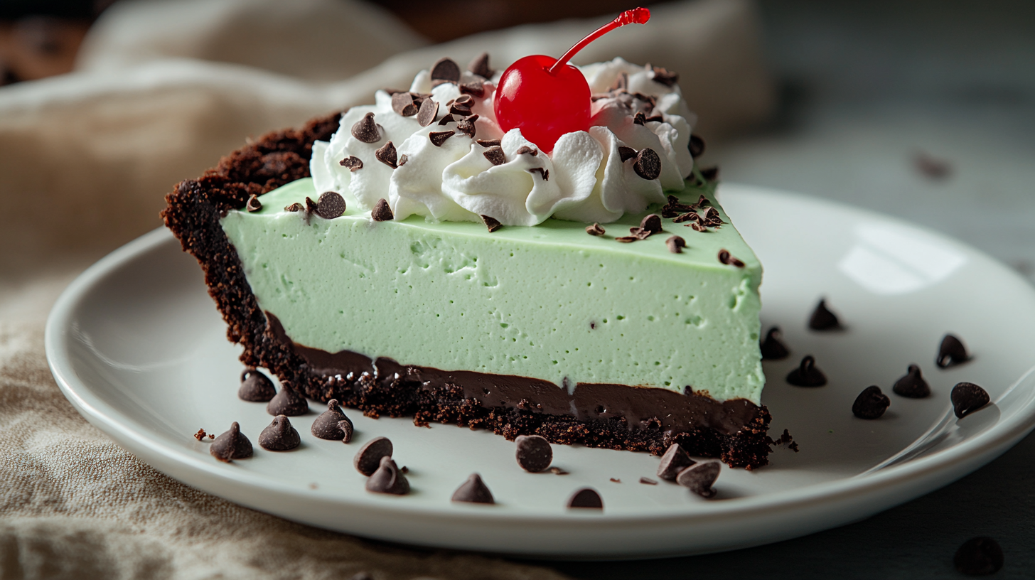 Slice of Shamrock Mint Milkshake Pie with whipped cream and cherry