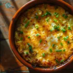 Homemade sausage, egg and cream cheese hashbrown casserole with melted cheese and green onions