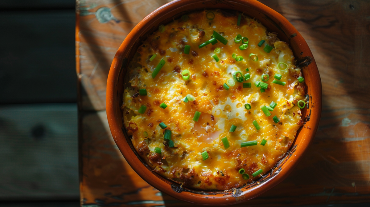 Homemade sausage, egg and cream cheese hashbrown casserole with melted cheese and green onions