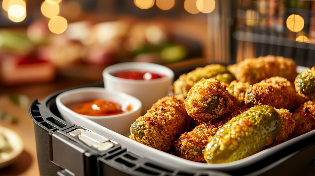 Golden-brown air fryer stuffed pickles on serving platter with dipping sauces at game day party