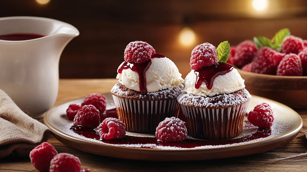 Chocolate raspberry lava cupcakes served with vanilla ice cream and raspberry sauce