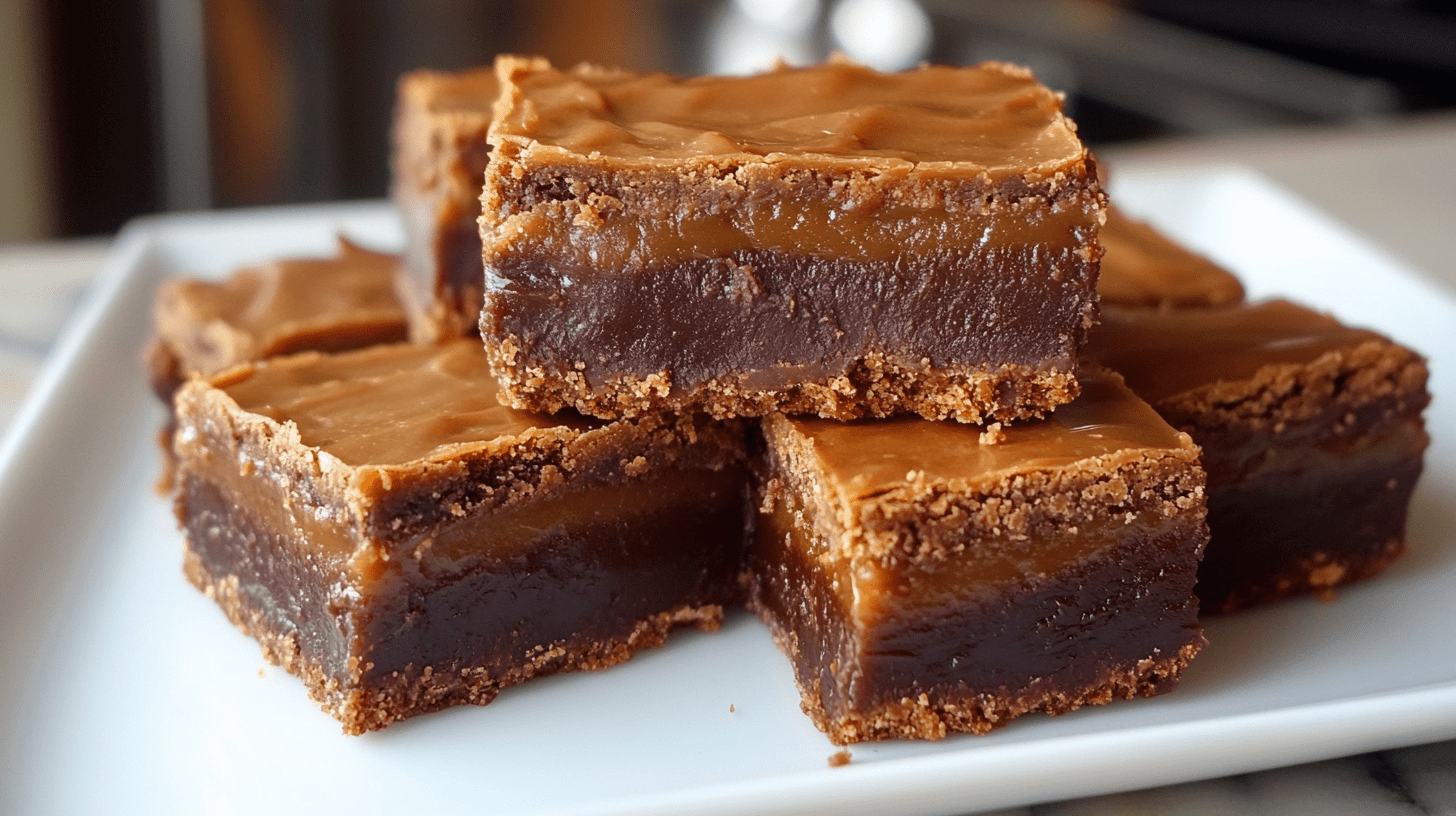 Three layered caramel fudge bars stacked on a white plate, showing distinct layers of graham cracker crust, dark chocolate fudge, and caramel topping