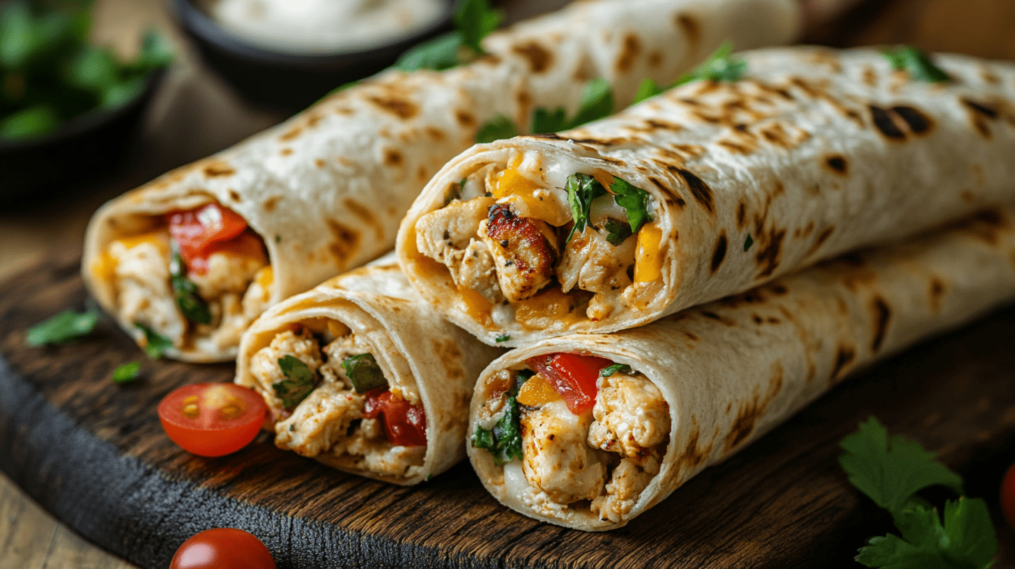Grilled Cheesy Garlic Chicken Wraps stacked on a wooden cutting board, showing cross-sections filled with seasoned chicken, melted cheese, fresh herbs, and cherry tomatoes