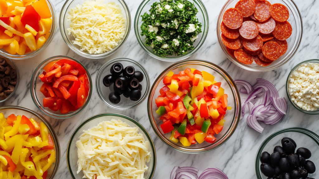 Pizza filling ingredients including cheese, pepperoni, and vegetables in separate bowls