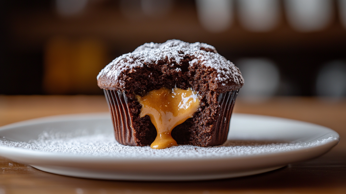 Chocolate cupcake with molten peanut butter center flowing out