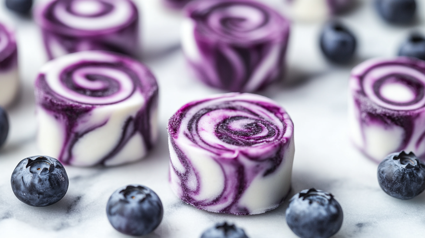 Homemade frozen blueberry swirl yogurt bites with fresh berries