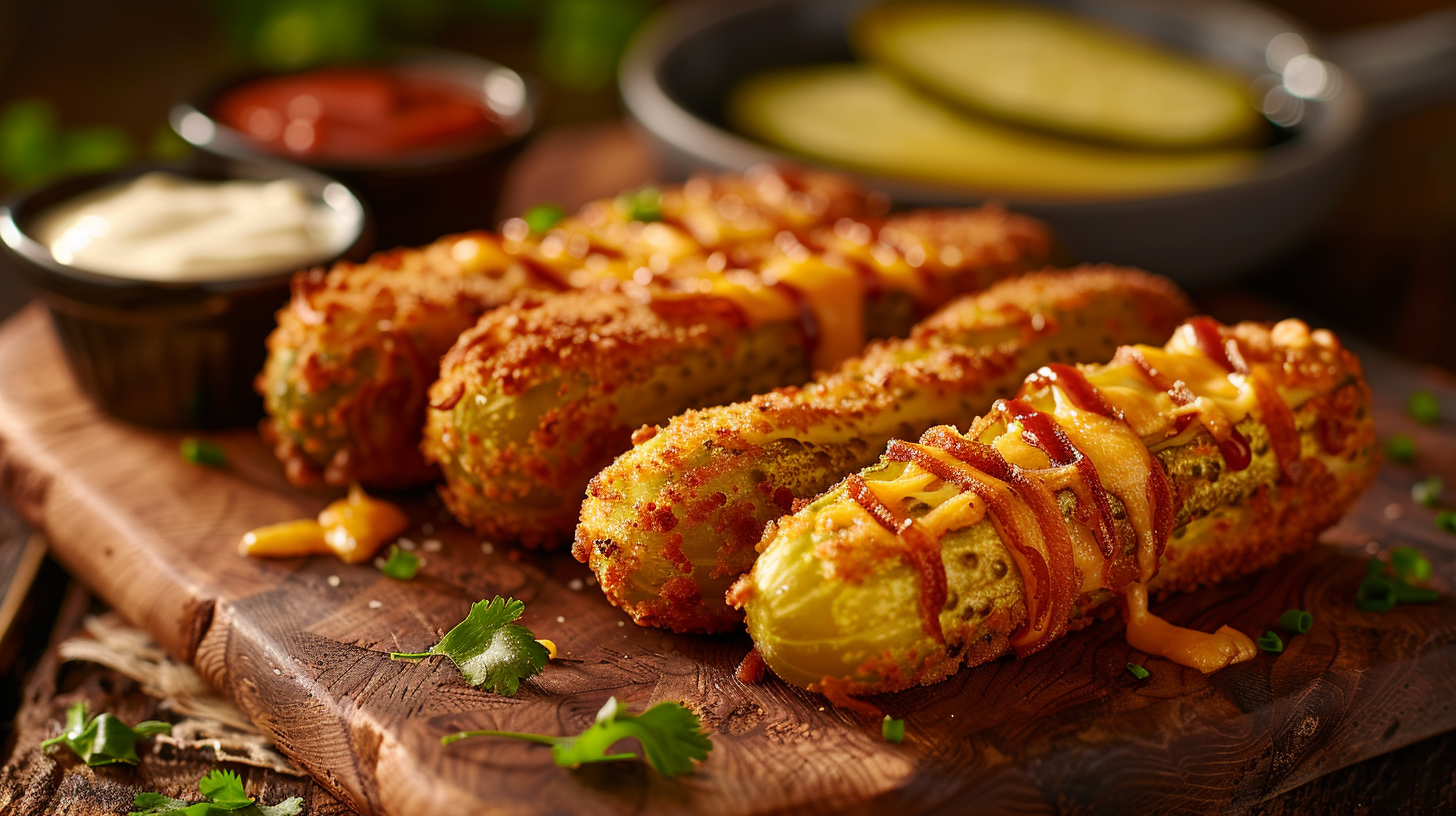 Crispy golden air fryer stuffed pickles with melty cheese filling and dipping sauces