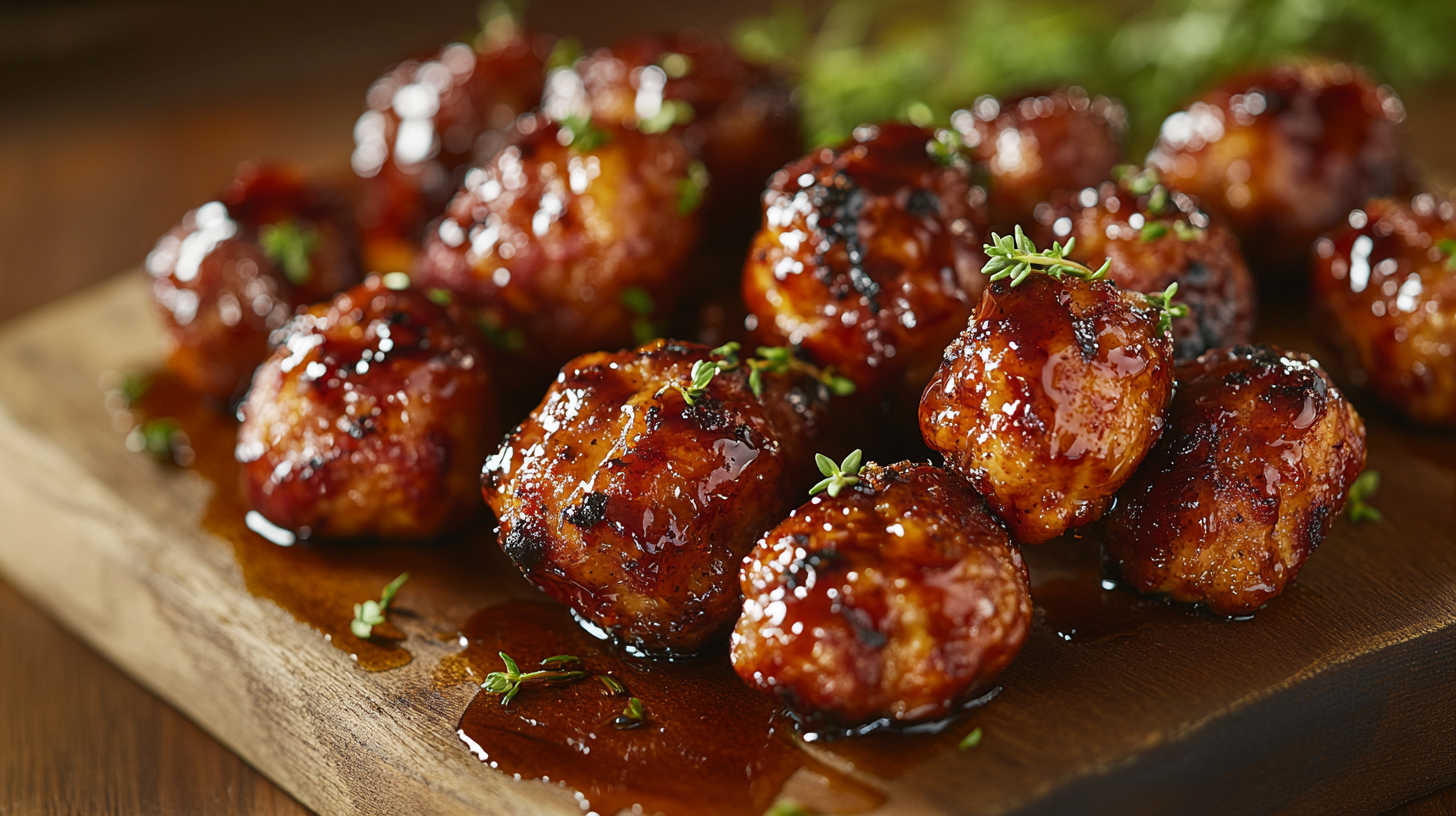 Maple glazed turkey bacon wrapped chicken bites garnished with fresh herbs