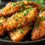 Crispy air fryer honey butter garlic chicken tenders garnished with fresh herbs and sesame seeds on a black plate