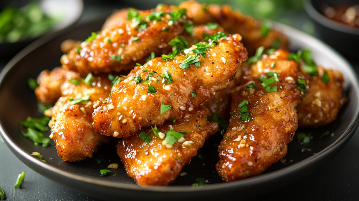Crispy air fryer honey butter garlic chicken tenders garnished with fresh herbs and sesame seeds on a black plate
