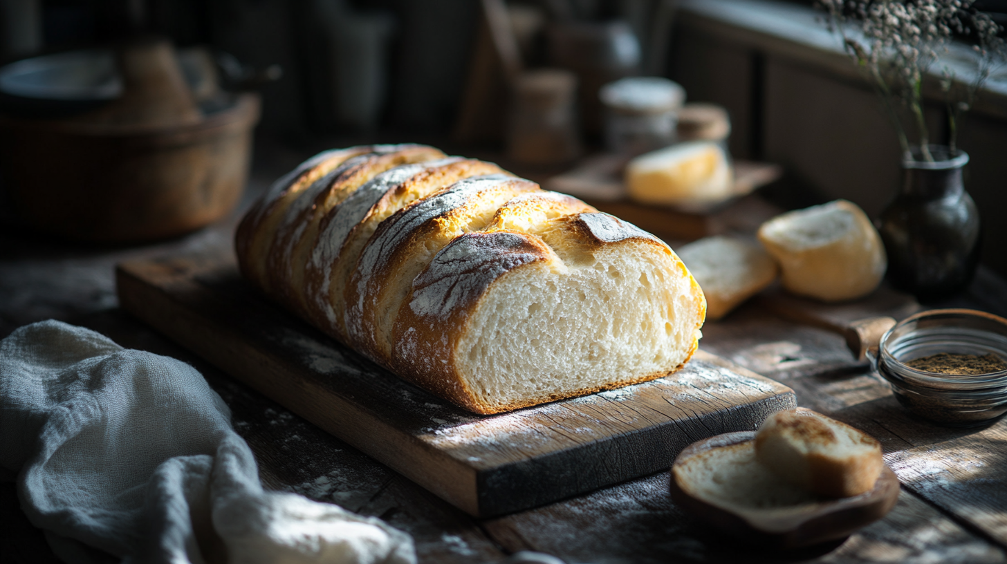 Freshly baked artisan white bread loaf with a golden crust and floury top, sliced and displayed on a rustic wooden cutting board, with a soft interior crumb visible and kitchen accessories in the moody background