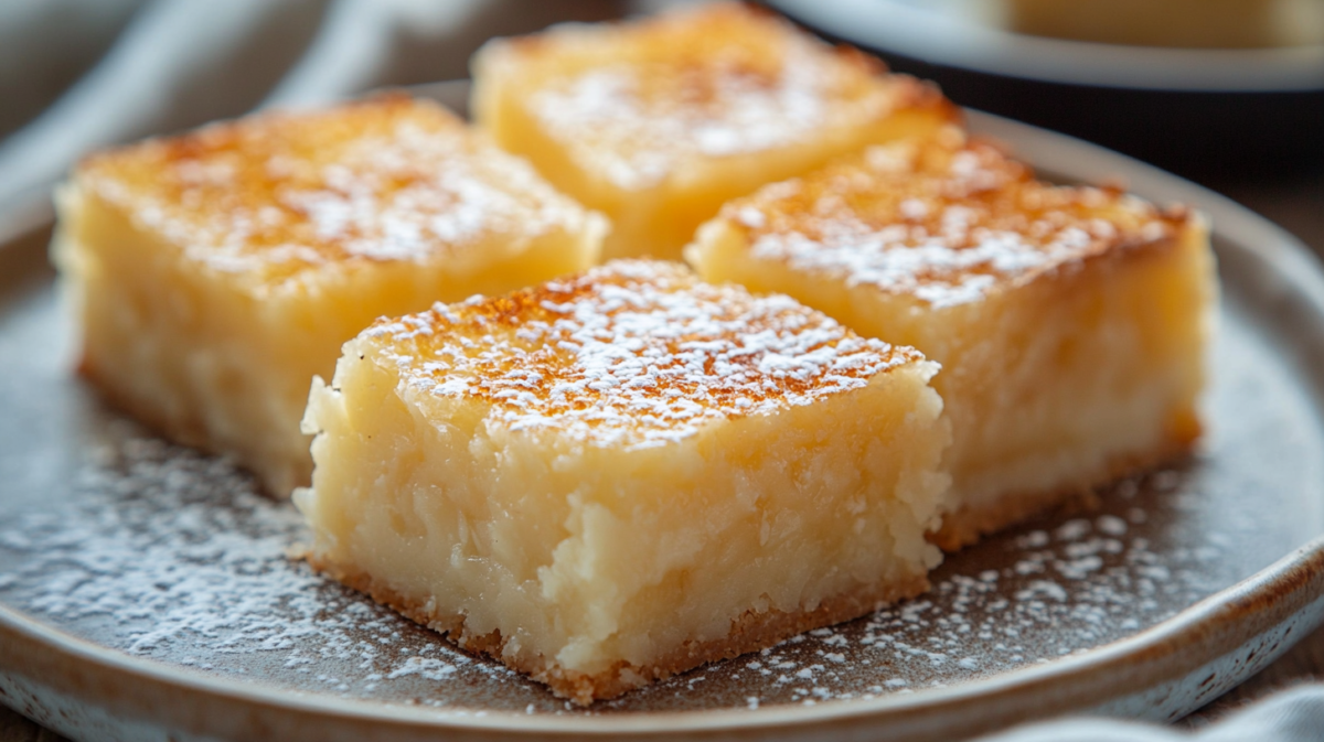 Creamy no-bake cassava cake squares dusted with powdered sugar and cinnamon on a ceramic plate