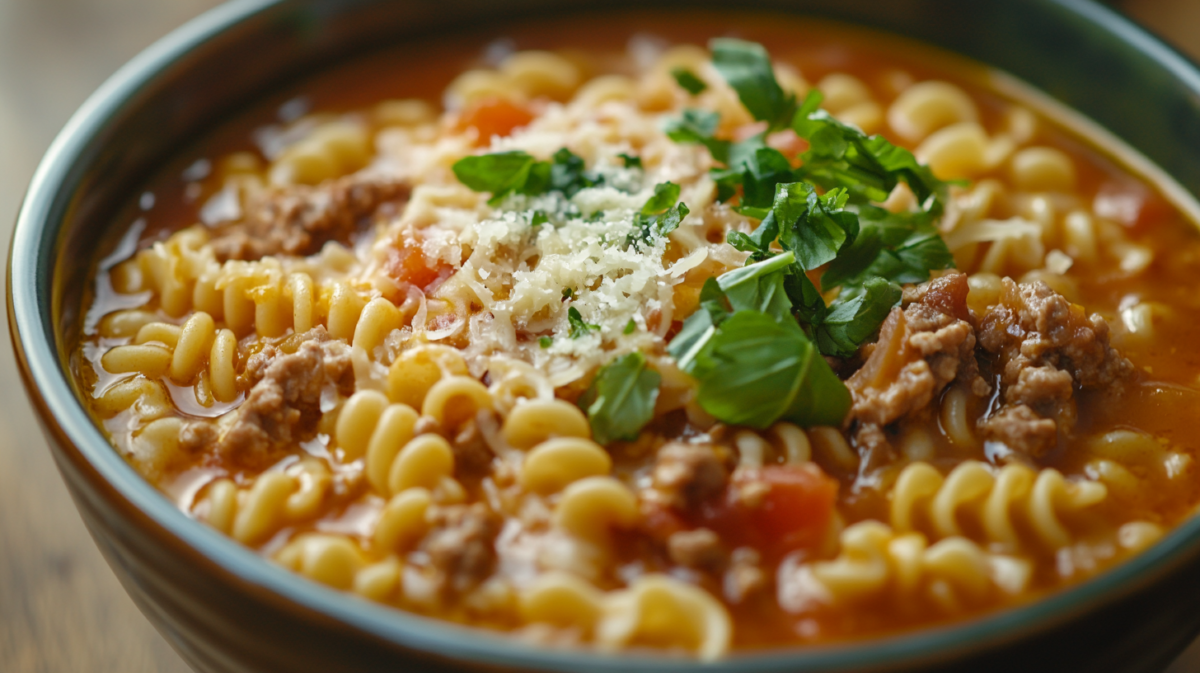 Hearty lasagna soup with spiral pasta, ground beef, tomato broth, fresh herbs, and grated parmesan in a blue bowl