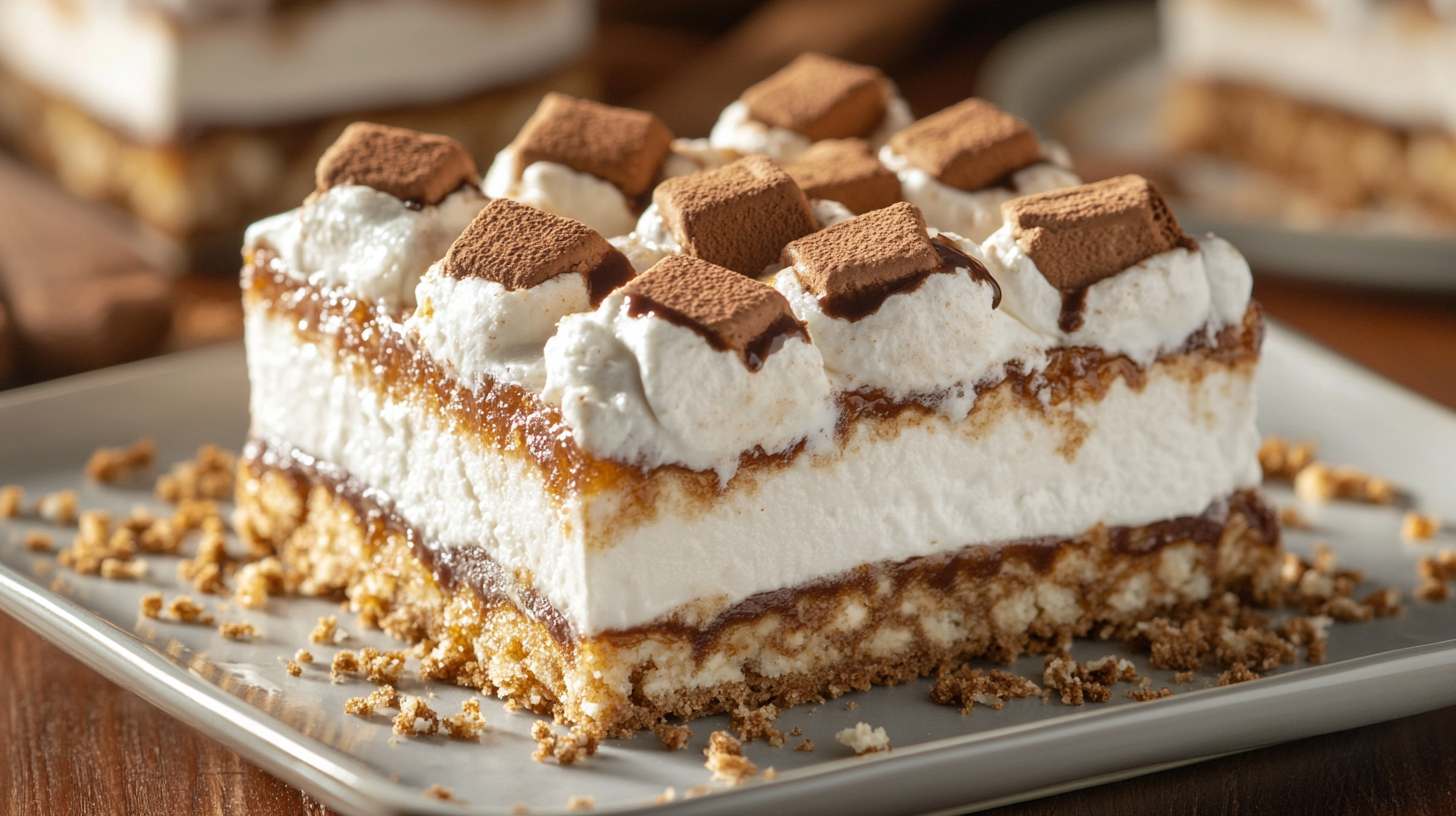 Frozen s'mores cheesecake bar slice on a white plate, featuring layers of graham cracker crust, creamy cheesecake filling, topped with whipped cream, chocolate squares, and graham cracker crumbs scattered around