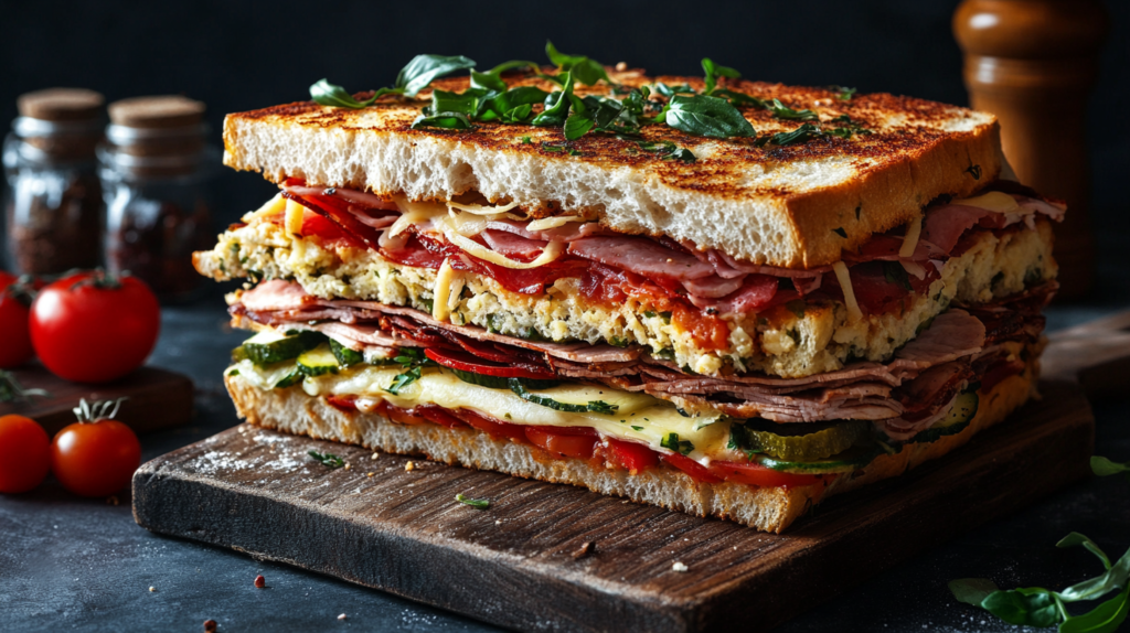 Grilled Italian club sandwich with layers of ham, cheese, vegetables, and fresh herbs on toasted bread, served on a rustic wooden board with cherry tomatoes"
Title: "Gourmet Grilled Italian Club Sandwich