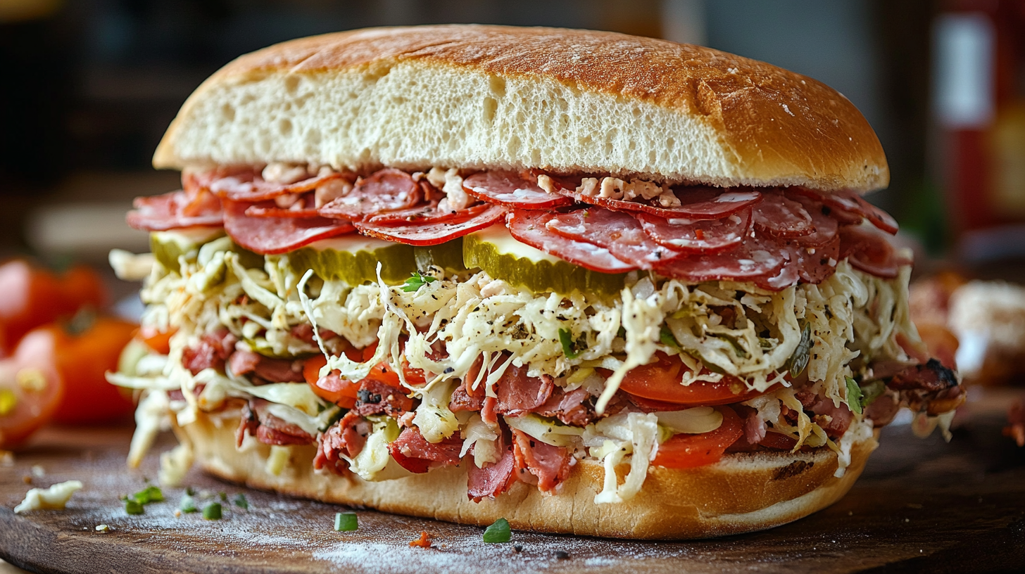 Close-up of a loaded Italian submarine sandwich with layers of sliced meats, shredded lettuce, tomatoes, pickles, and deli cuts on a golden toasted bun