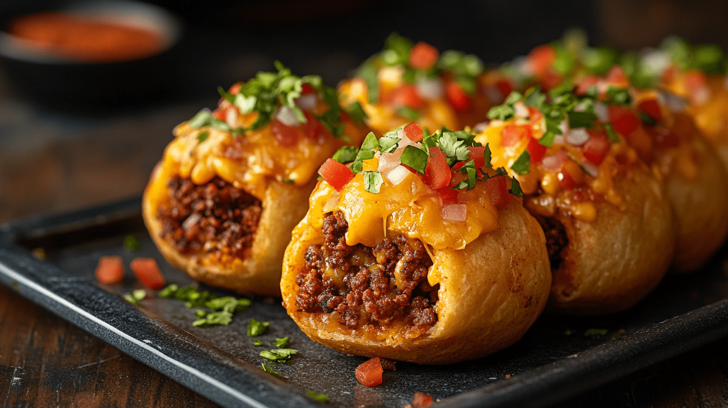 Air Fryer Cheesy Taco Bombs filled with seasoned ground beef and melted cheese, topped with fresh diced tomatoes and cilantro on a black slate plate