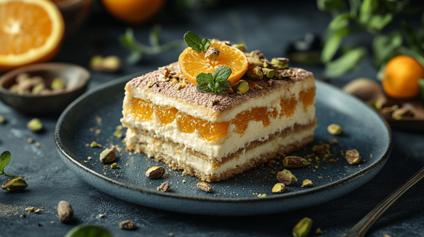 A slice of layered tiramisu dessert garnished with orange slices, mint leaves, and chopped pistachios, served on a dark blue ceramic plate. The dessert shows distinct cream and orange fruit layers, dusted with cocoa powder on top.