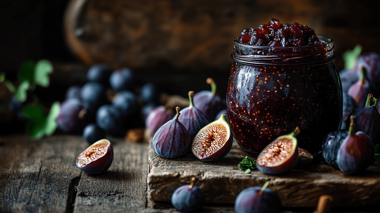 Fig Mostarda in Mason Jar with Fresh Figs and Grapes