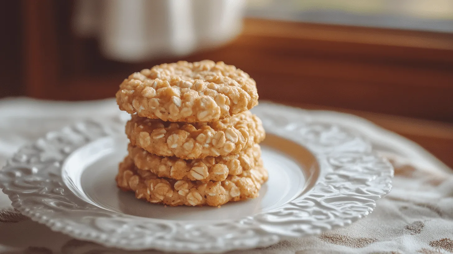 Stack of four golden oatmeal cookies on a white decorative plate