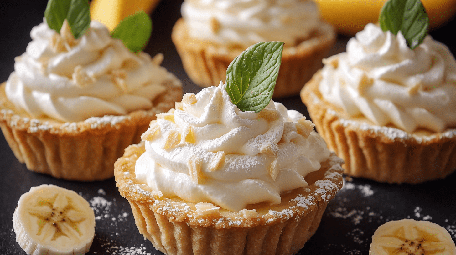 Three mini banana cream pies on a wooden board, garnished with whipped cream, fresh banana slices, and mint leaves