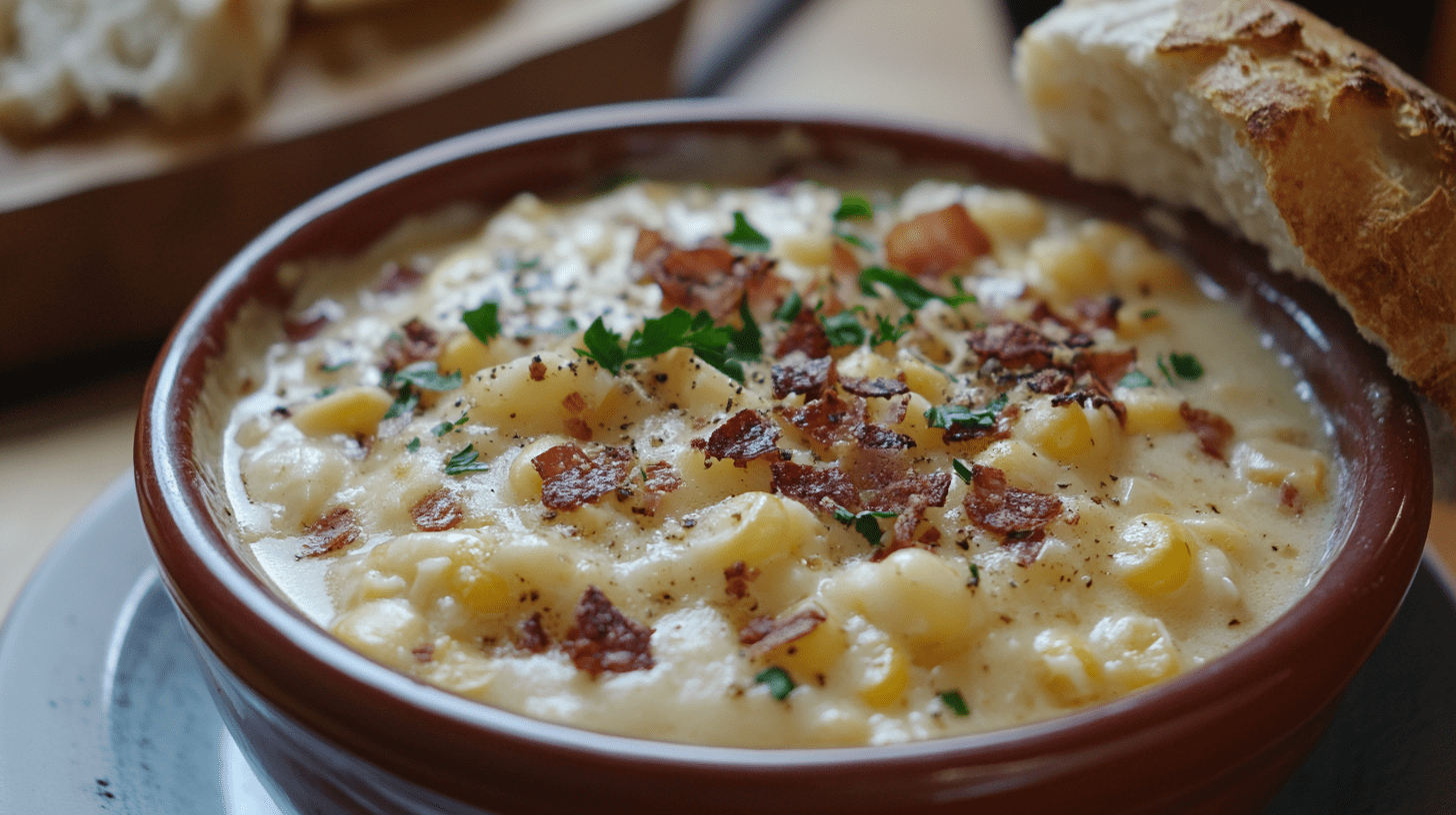 Creamy Amish corn chowder in a rustic brown bowl, topped with crispy bacon bits and fresh parsley, served with crusty bread