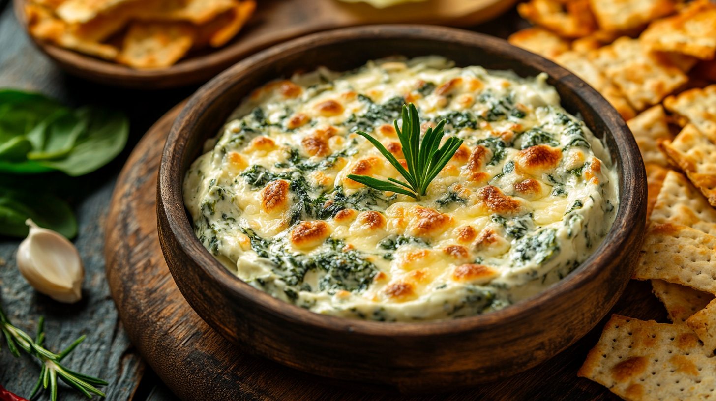 Hot and bubbly baked spinach dip with melted cheese in a wooden bowl, served with crackers, fresh garlic, and herbs