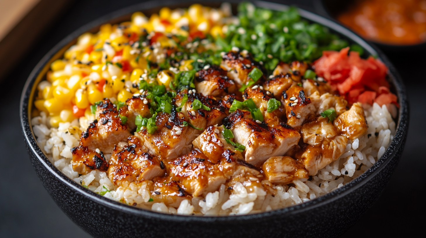 Street Corn Chicken Rice Bowl with grilled glazed chicken, charred corn, fresh cilantro, and diced tomatoes served over white rice in a black bowl