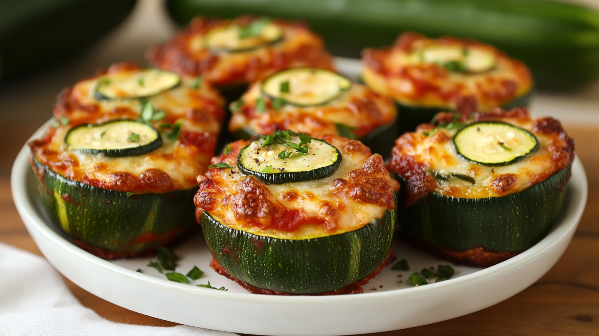 Zucchini pizza bites topped with melted cheese, marinara sauce, and fresh herbs arranged on a white plate