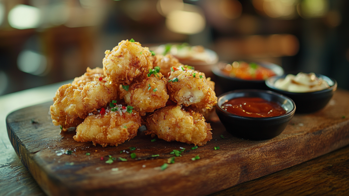 Homemade crispy fried chicken tenders with dipping sauces