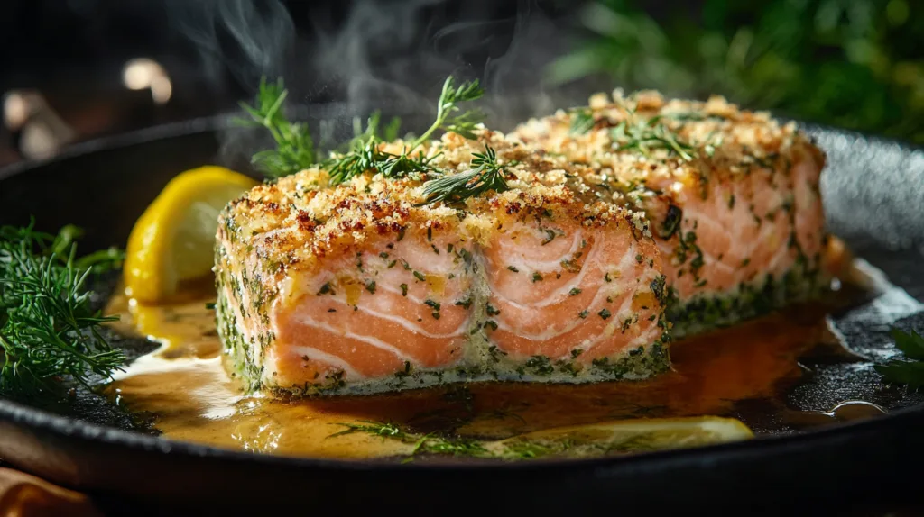 Cross-section of herb-crusted salmon showing perfect doneness and crispy crust