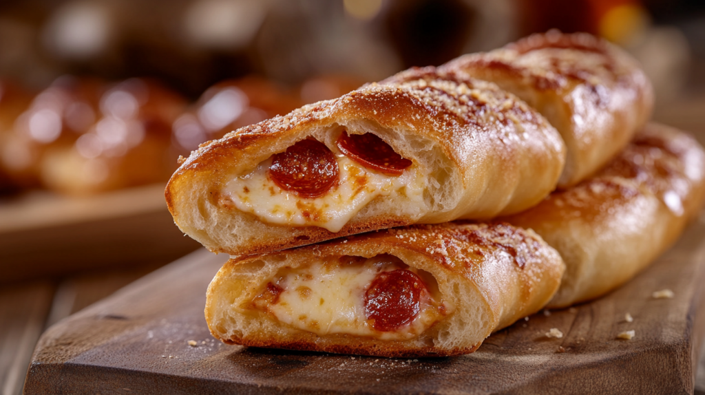 Golden pizza-stuffed breadsticks with melted cheese and pepperoni filling on wooden board