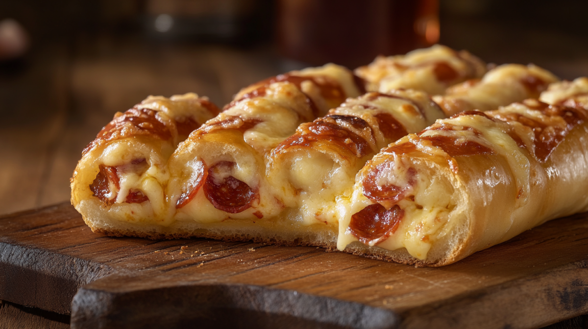 Freshly baked pizza-stuffed garlic breadsticks with melted cheese and pepperoni filling