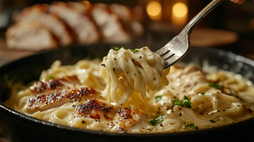 Fork twirling creamy buttered noodles with sliced chicken in background