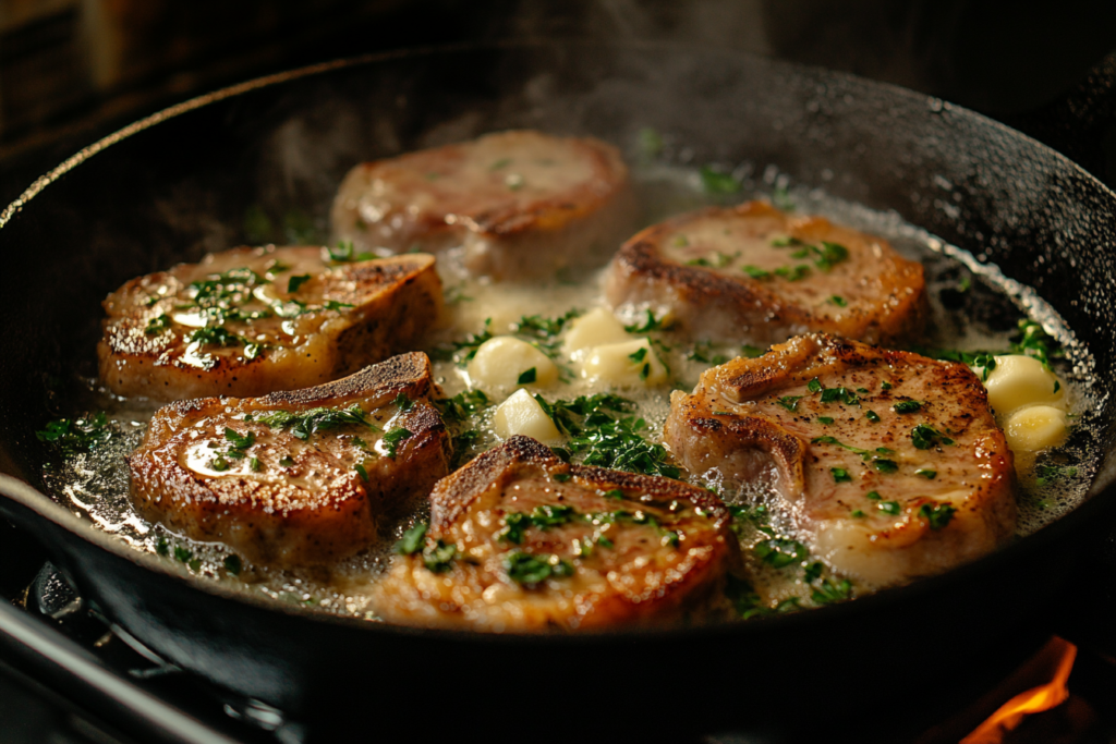 Step-by-step cooking process of garlic butter beef chops in cast iron skillet