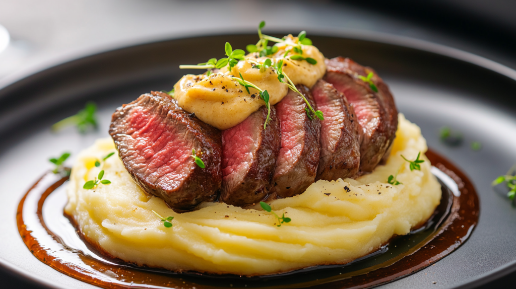 Professionally plated buttery garlic beef chops with swirled mashed potatoes and herb garnish