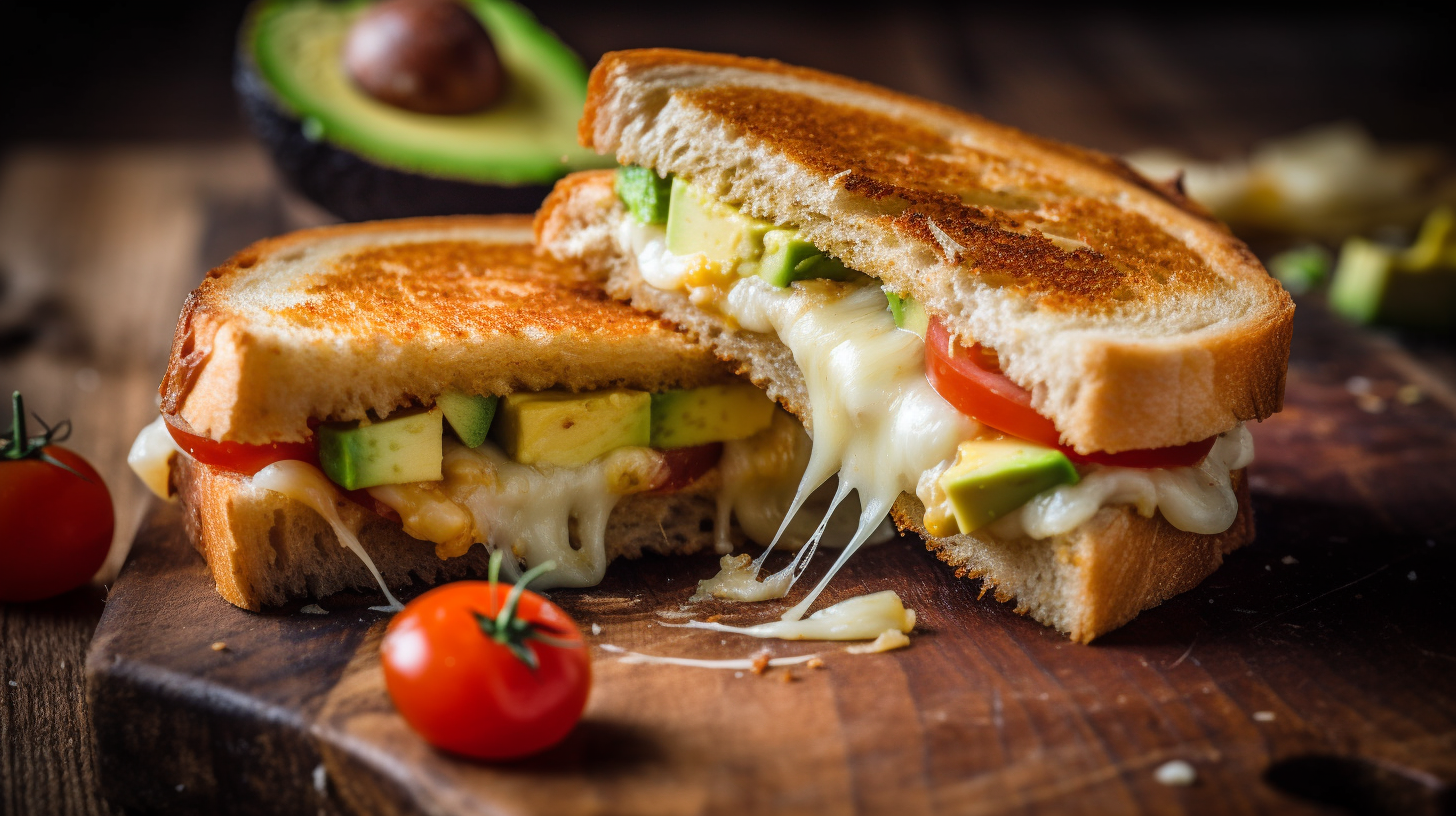 Avocado grilled cheese sandwich with melted mozzarella and tomato, cut in half showing cheese pull