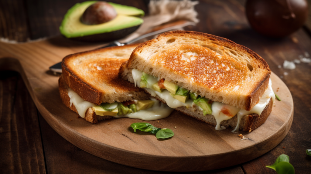 Avocado mozzarella grilled cheese served with tomato
