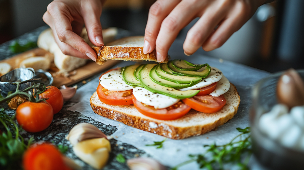 Step-by-step assembly of avocado mozzarella grilled cheese sandwich" Title: "How to Layer Perfect Grilled Cheese