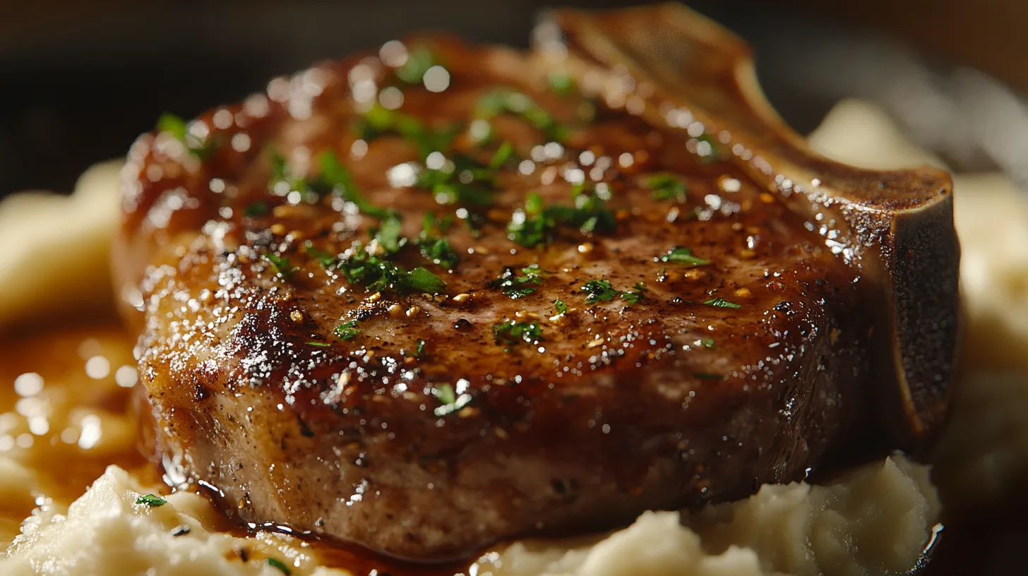 Juicy buttery garlic beef chops served over creamy mashed potatoes with melting herb butter
